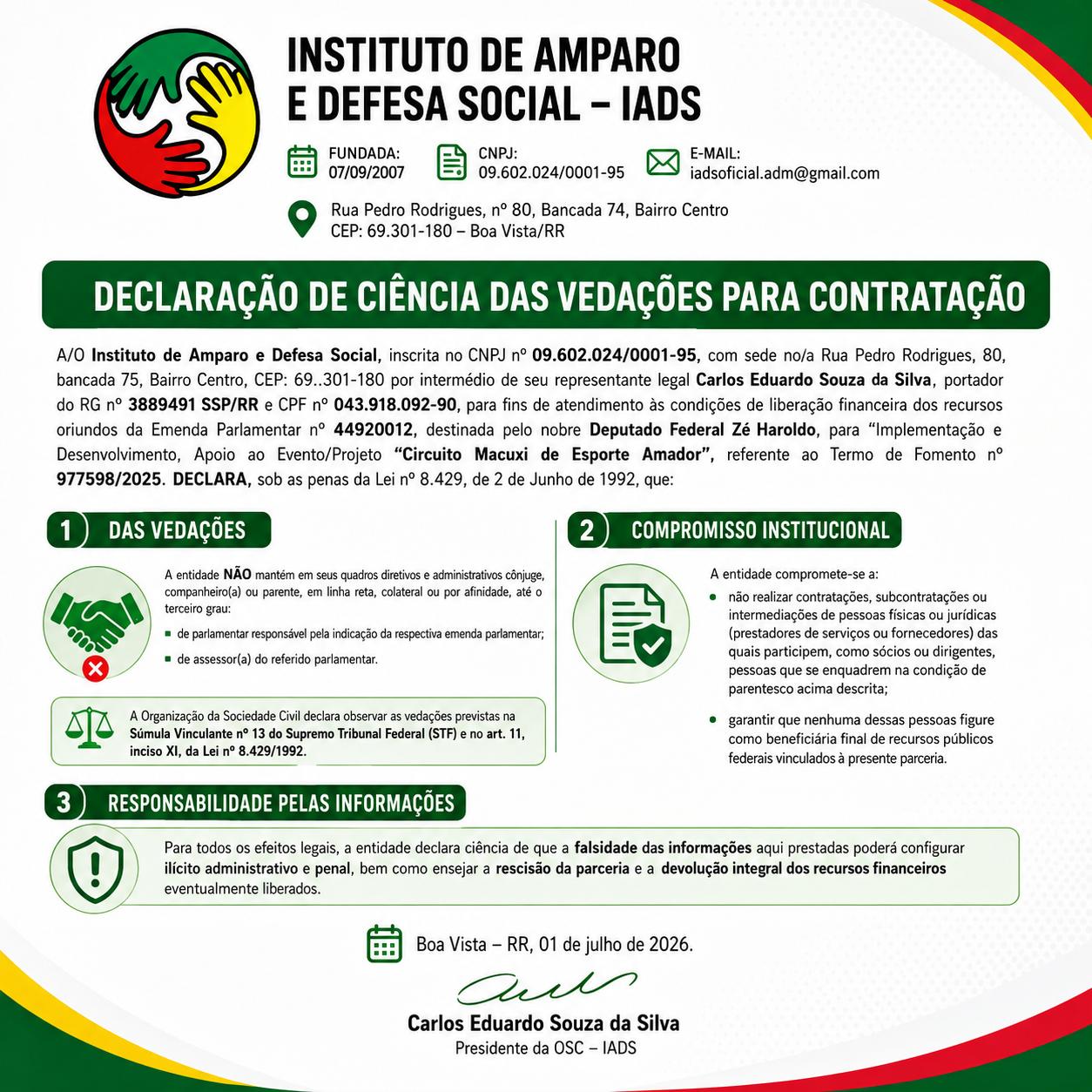 Post institucional com declaração de ciência das vedações para contratação