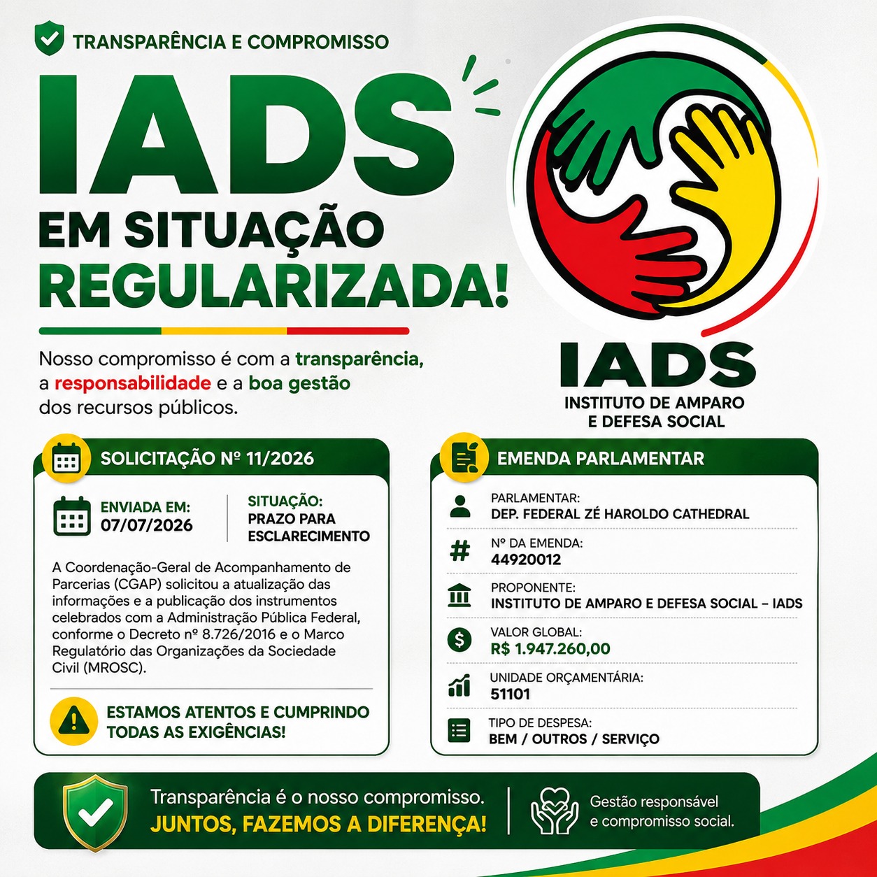 Post institucional informando situação regularizada do IADS